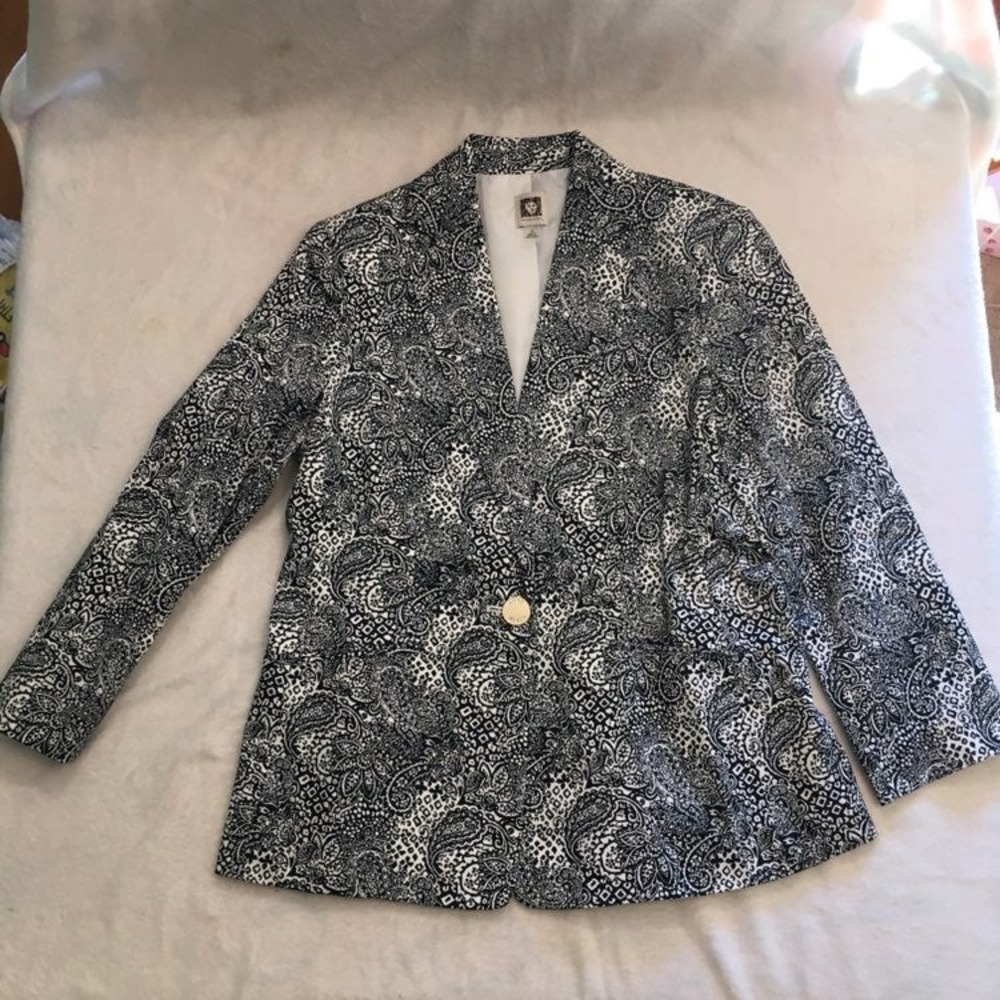NEW Anne Klein Blazer Women Size S Navy White Paisley Print Single Button Jacket